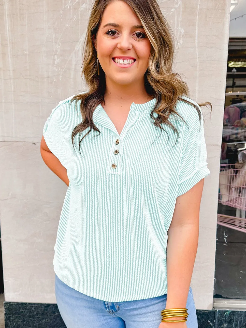 Blue Ribbed Henley Shift Tee for Plus Size Women