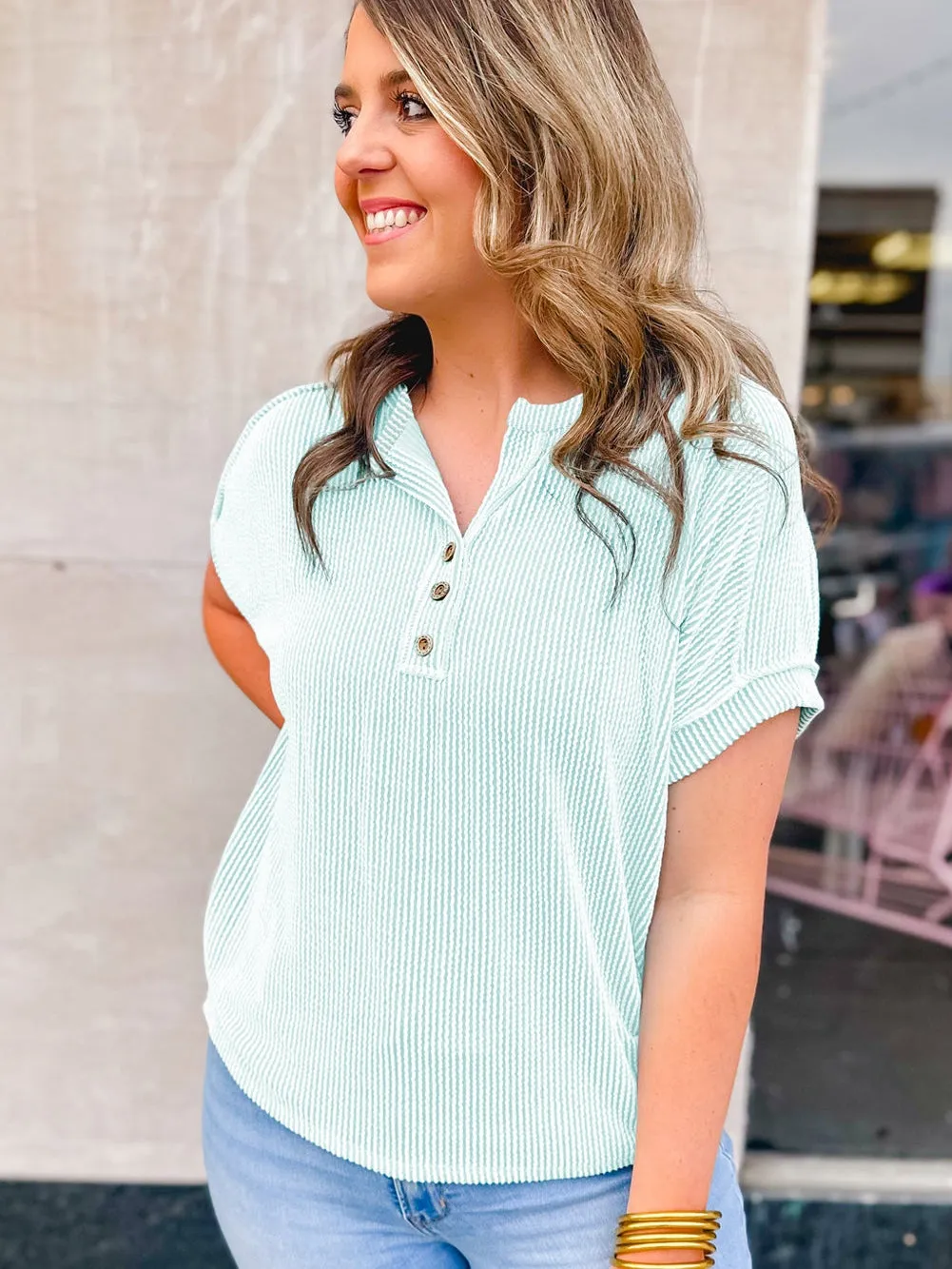 Blue Ribbed Henley Shift Tee for Plus Size Women