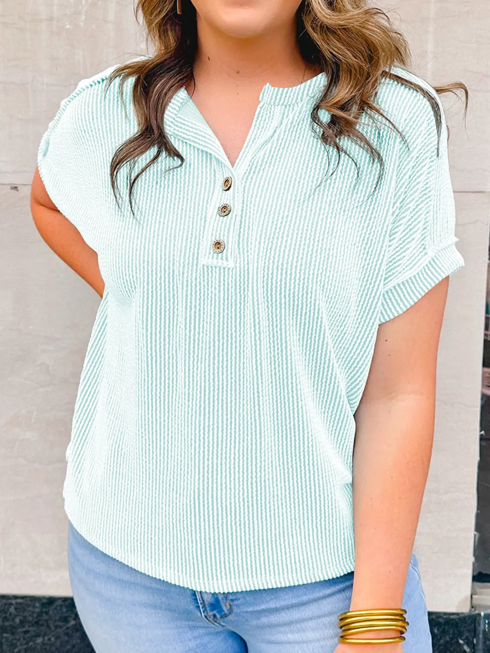 Blue Ribbed Henley Shift Tee for Plus Size Women