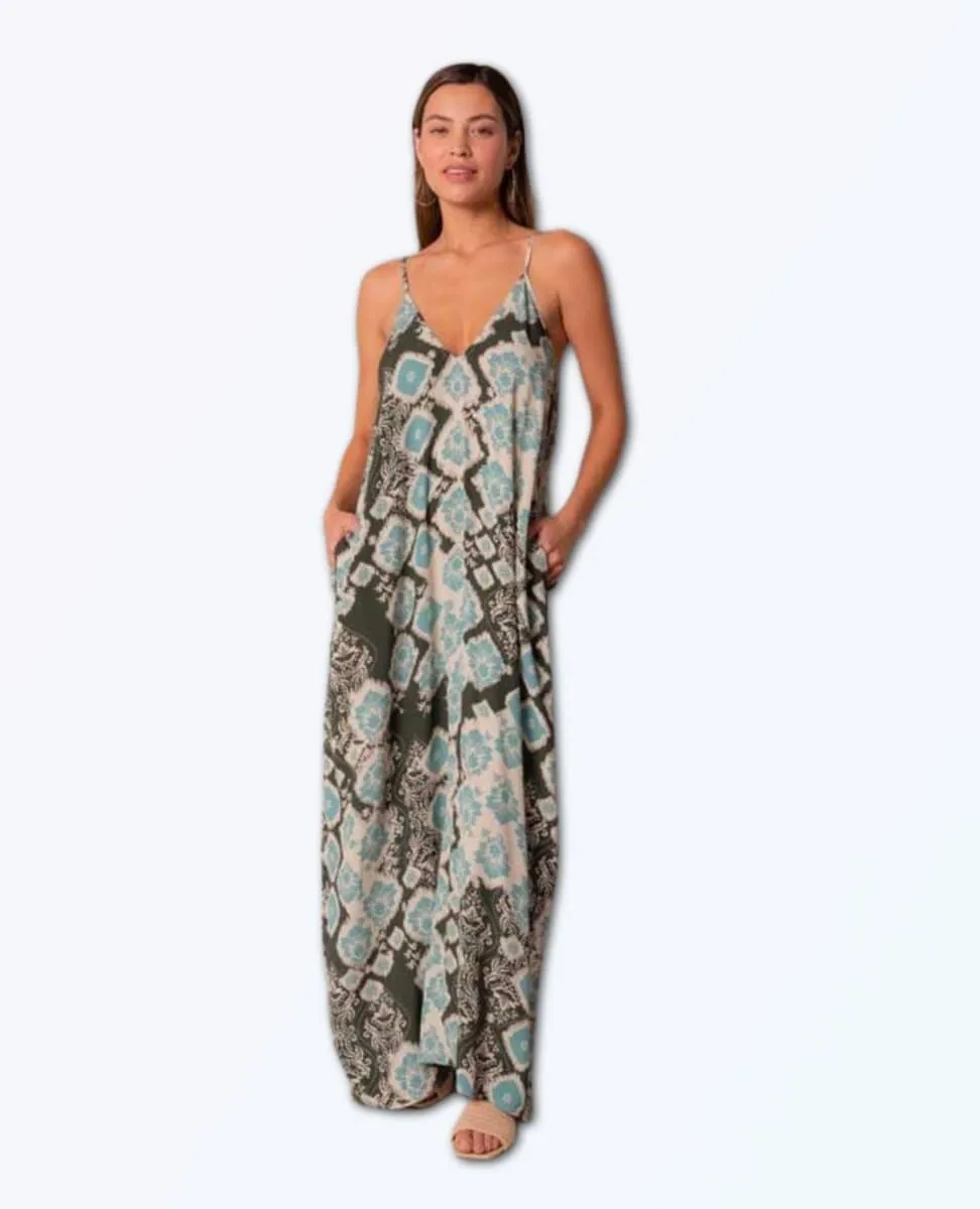 Bohemian Printed Oversized V Neck Maxi Dress