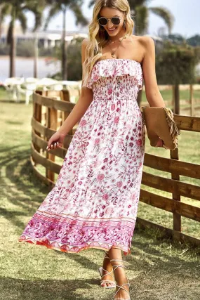 BOHEMIAN RUFFLED CHEST FLARE SLIT TUBE DRESS