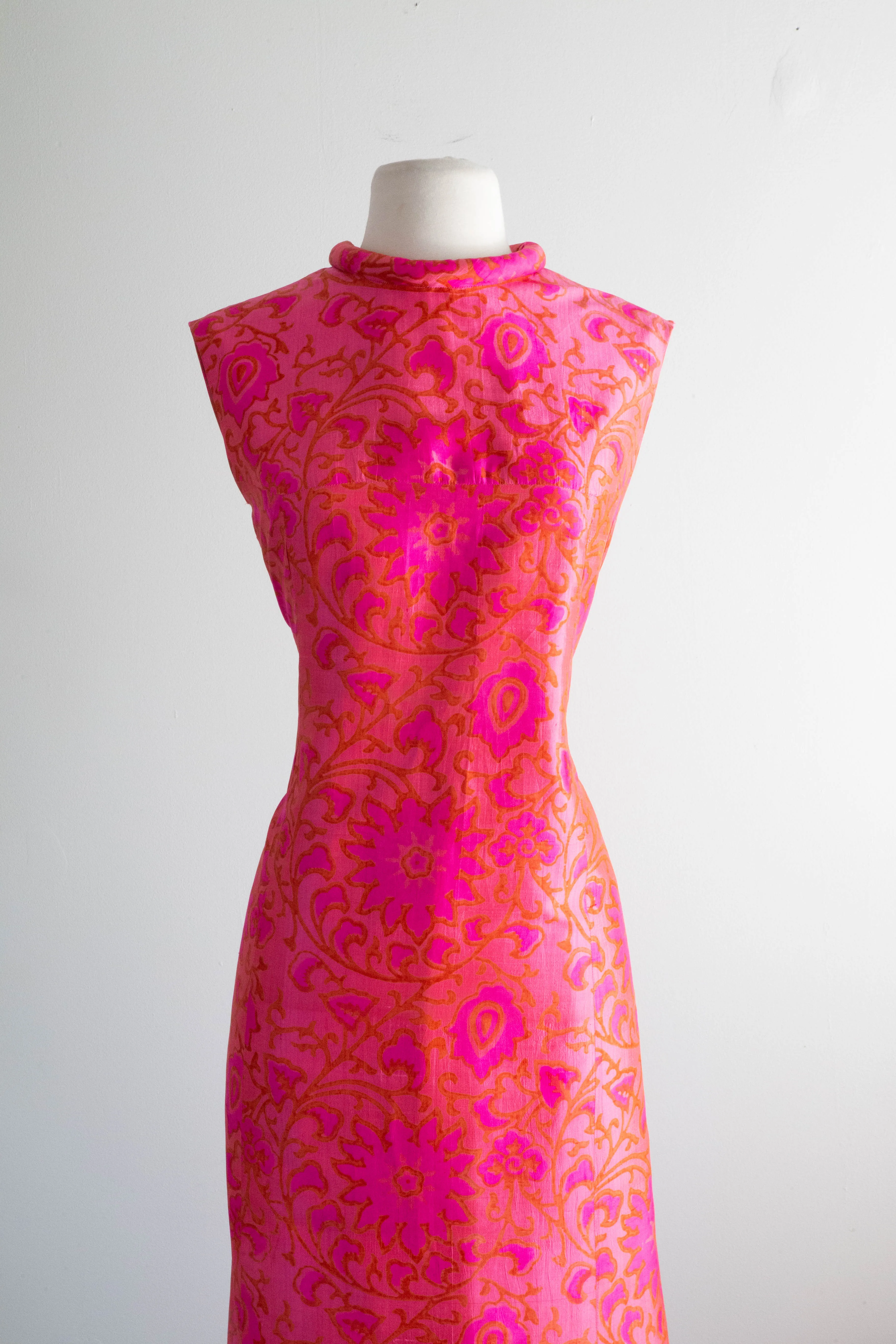 Brilliant HOT PINK 1960's Indian Block Print Silk MAXI Gown / Medium