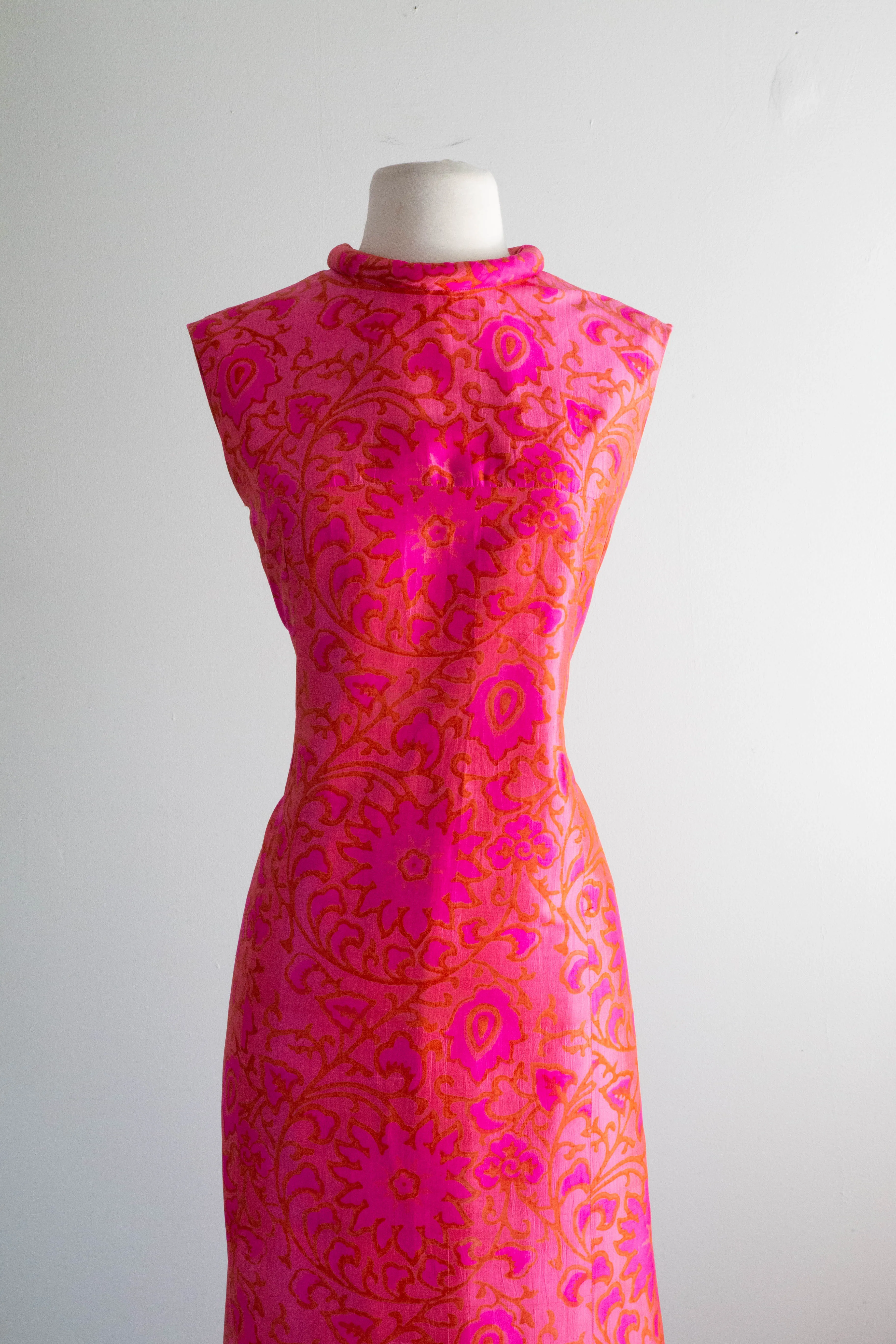 Brilliant HOT PINK 1960's Indian Block Print Silk MAXI Gown / Medium