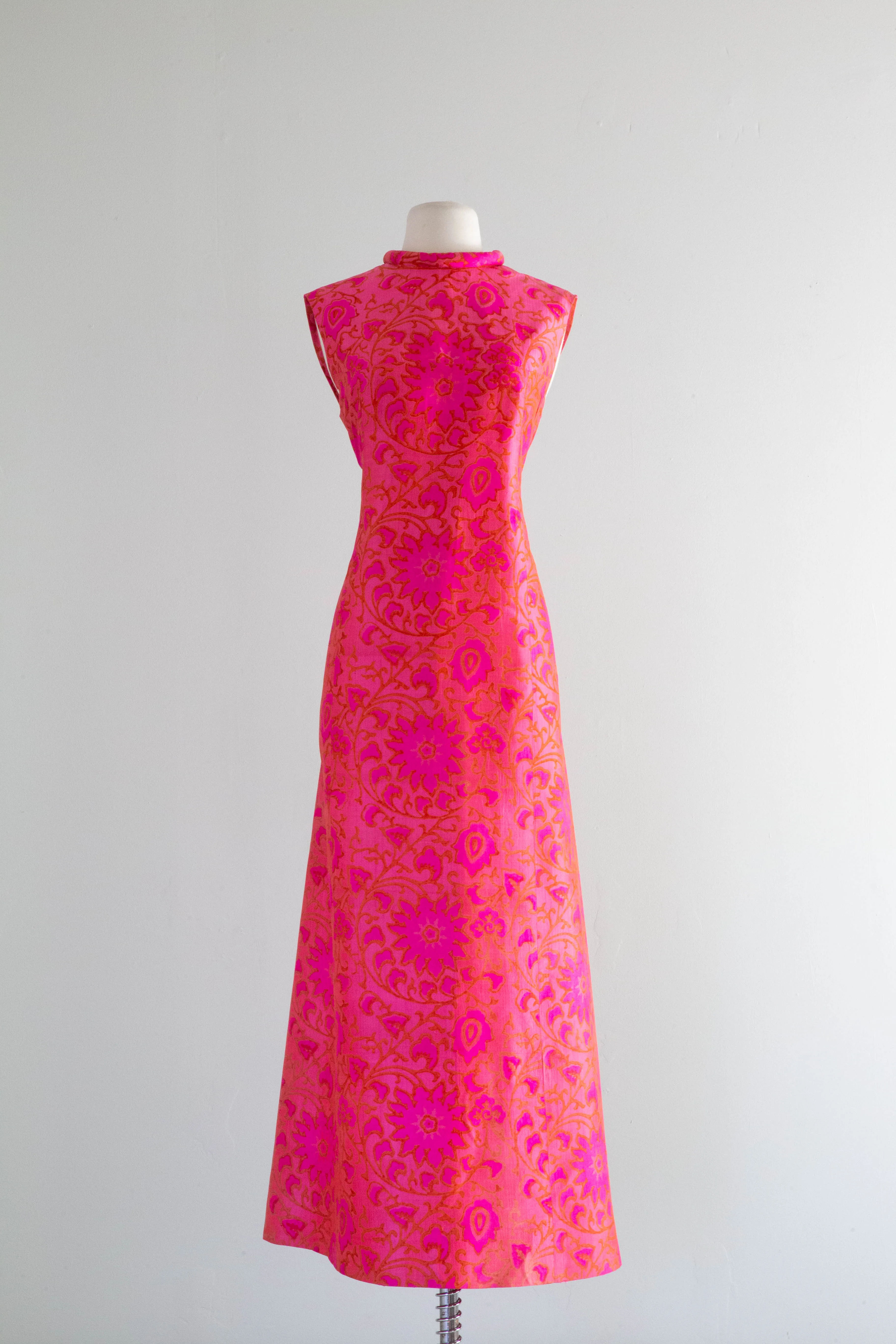 Brilliant HOT PINK 1960's Indian Block Print Silk MAXI Gown / Medium