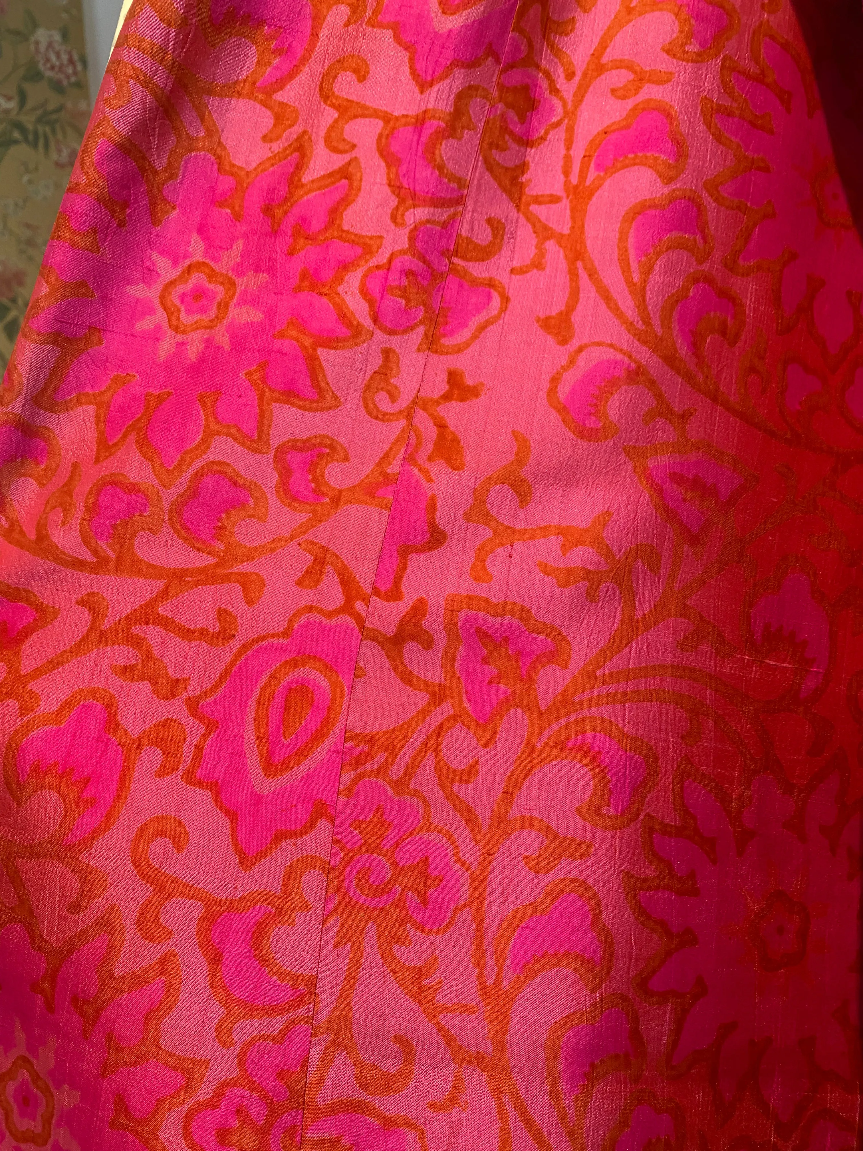 Brilliant HOT PINK 1960's Indian Block Print Silk MAXI Gown / Medium