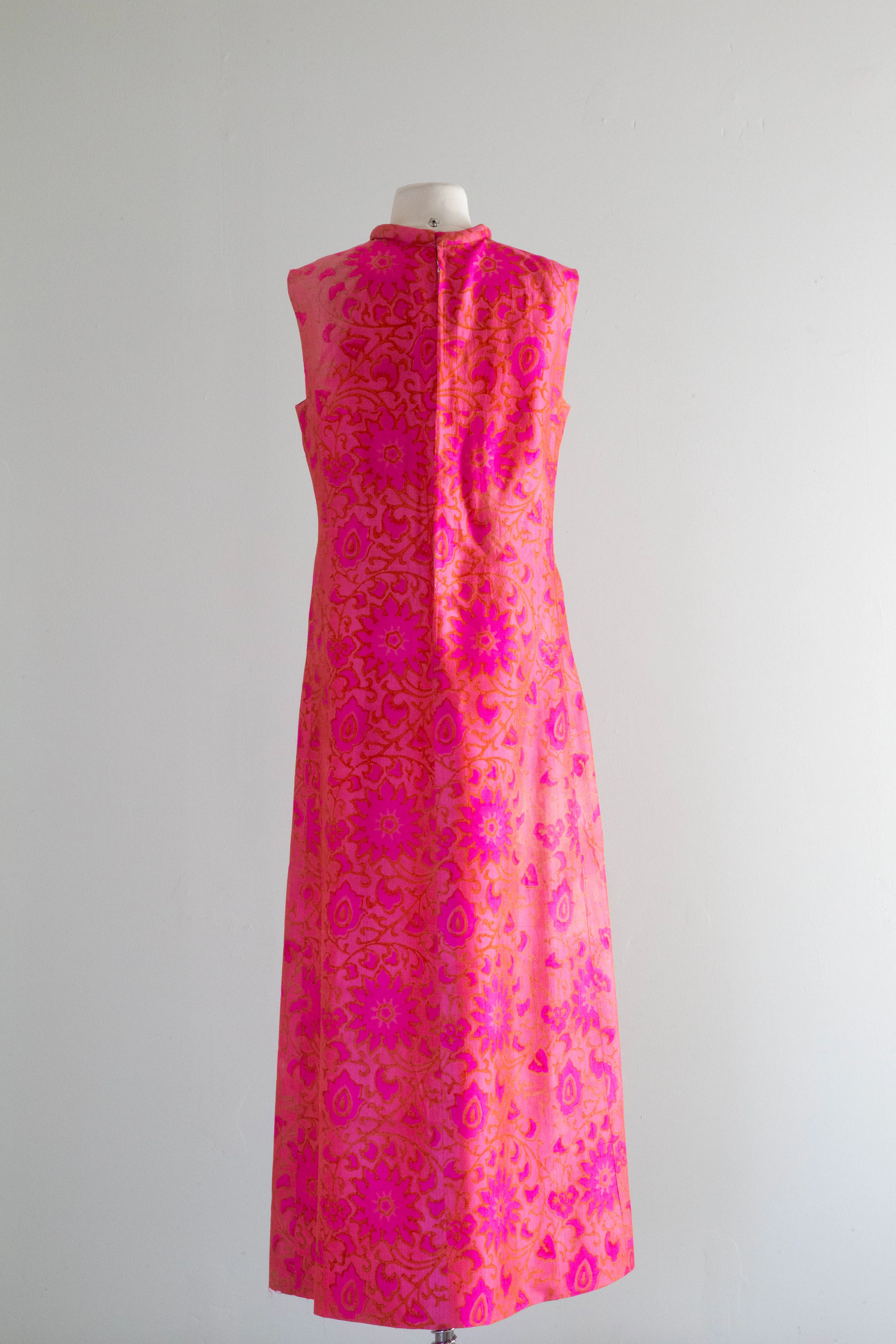 Brilliant HOT PINK 1960's Indian Block Print Silk MAXI Gown / Medium