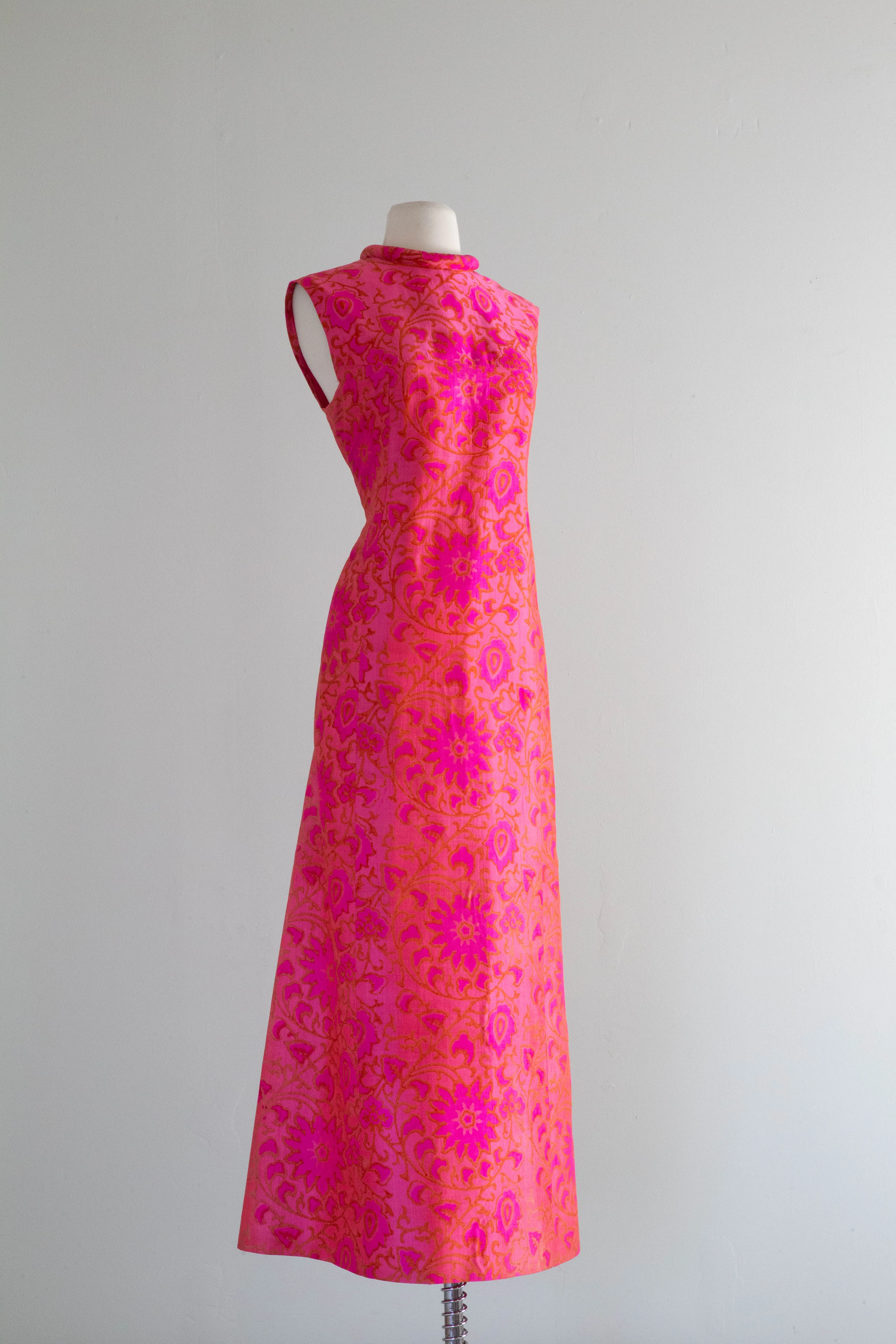 Brilliant HOT PINK 1960's Indian Block Print Silk MAXI Gown / Medium