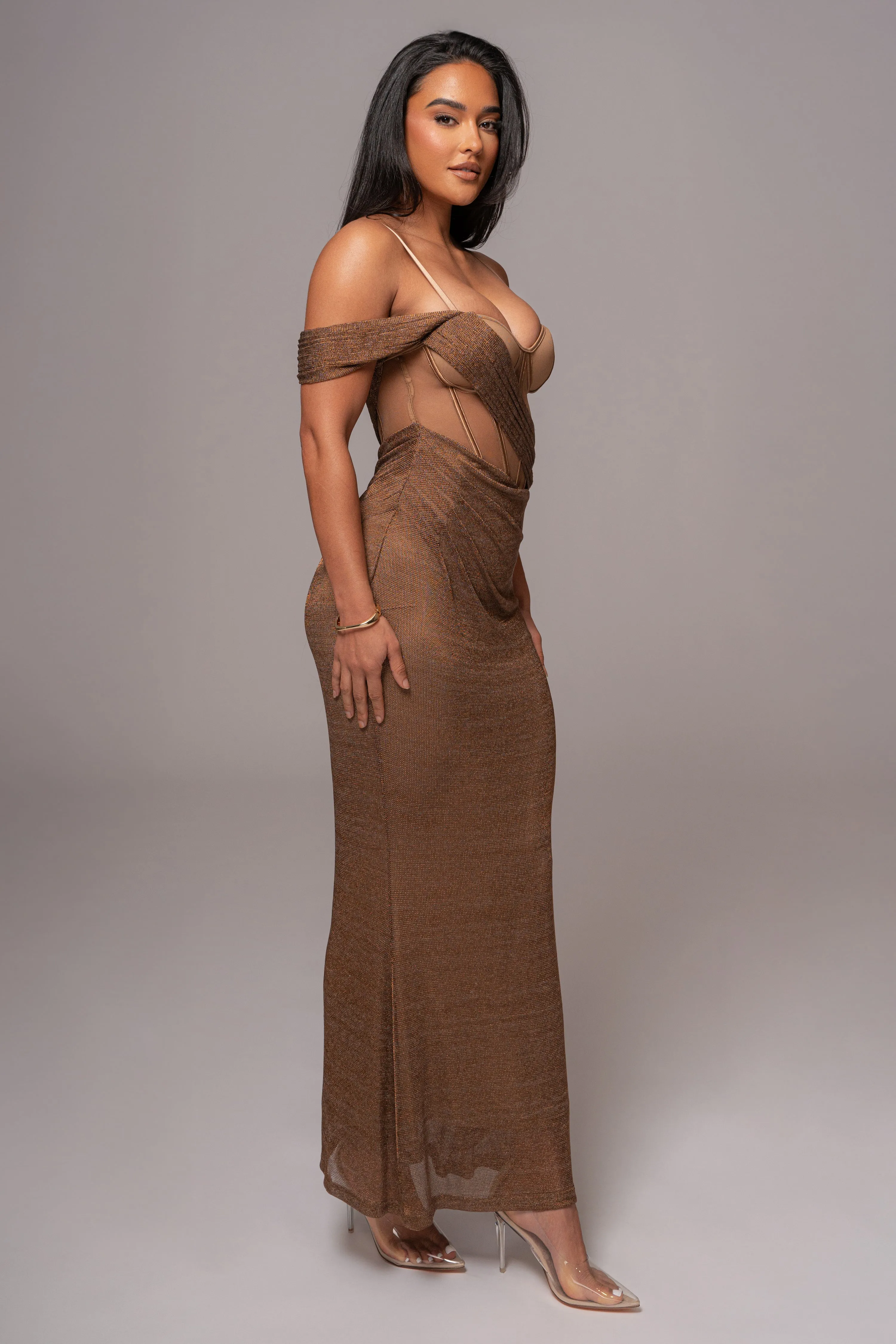 Bronze Metallic Corset Maxi Dress