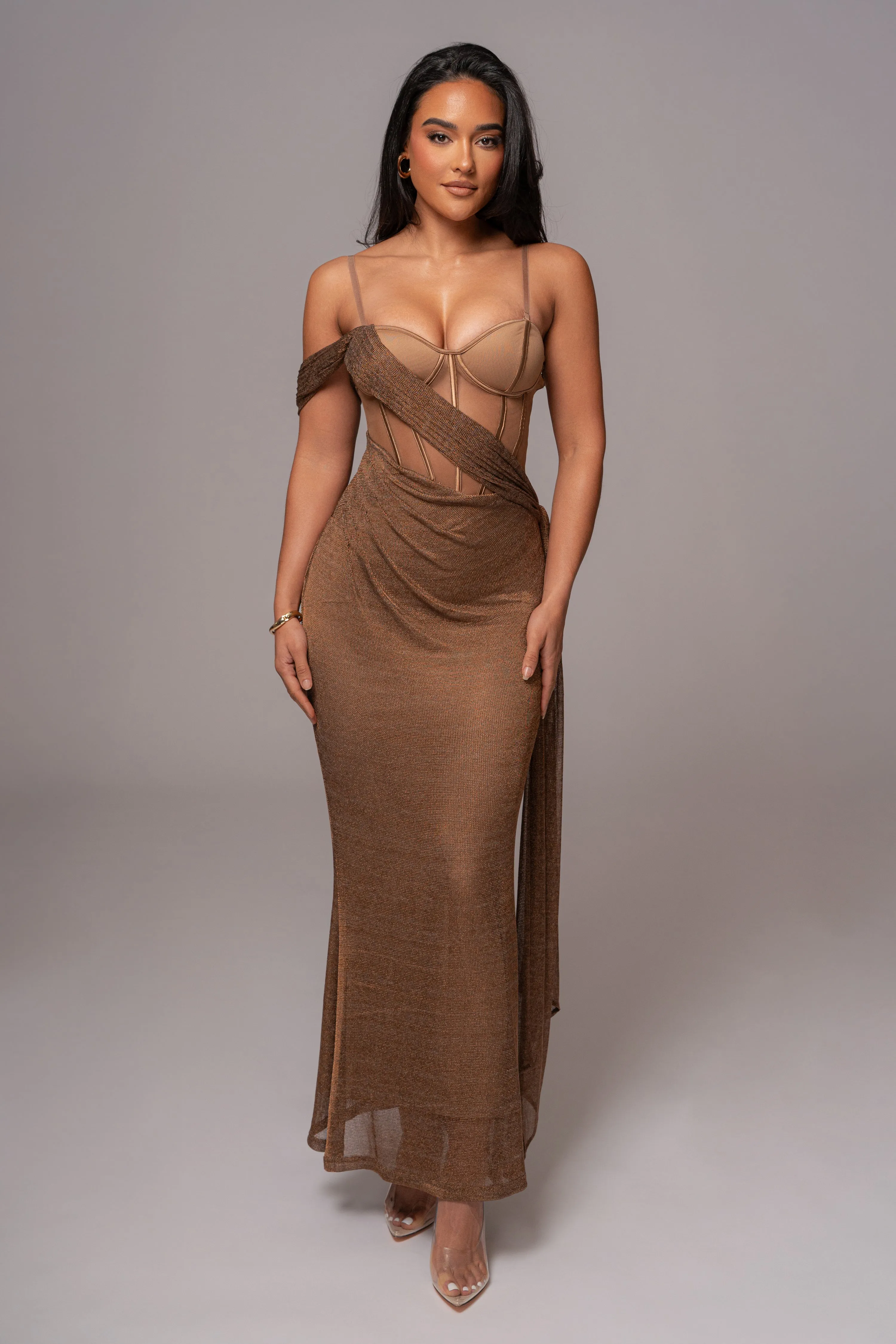 Bronze Metallic Corset Maxi Dress