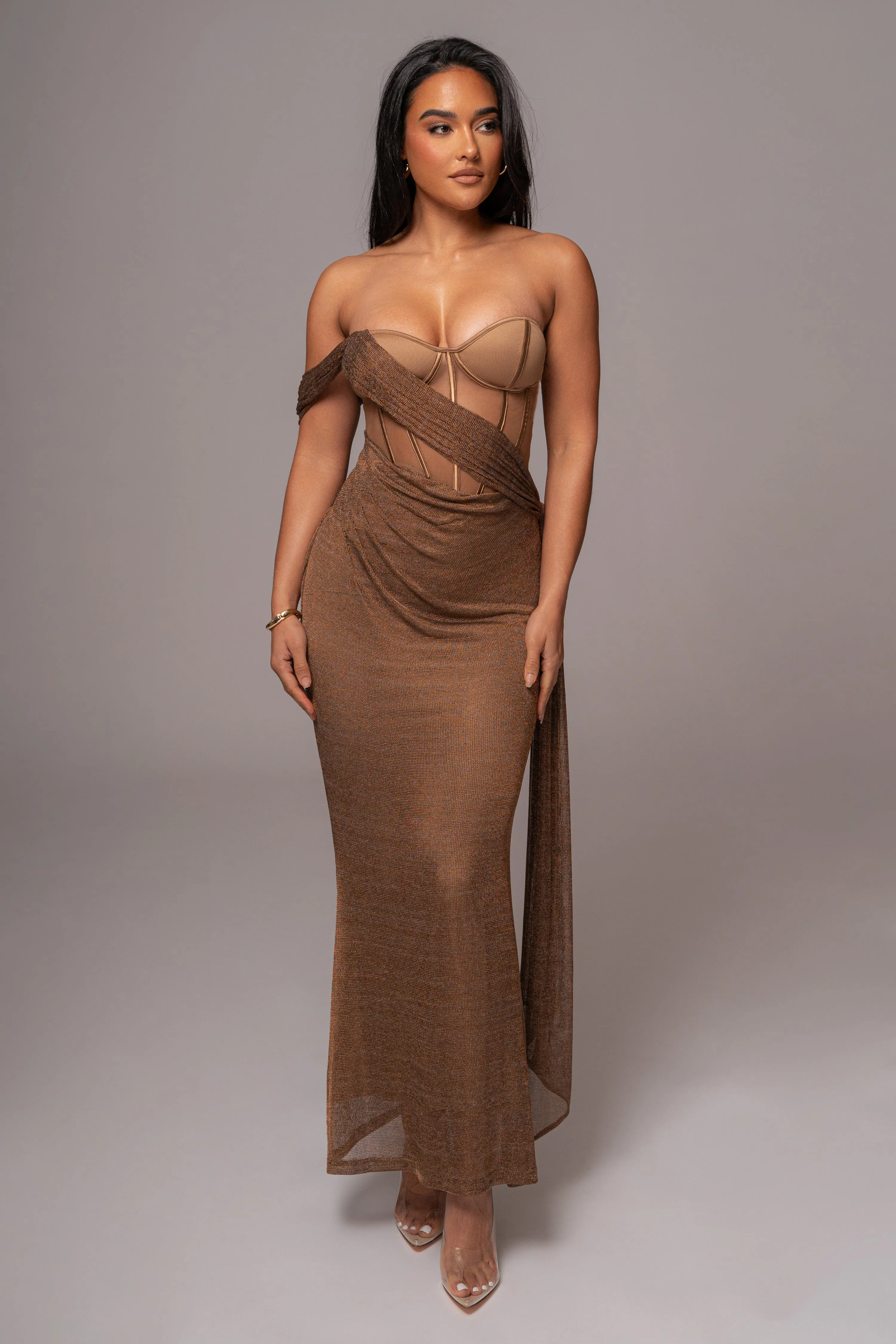 Bronze Metallic Corset Maxi Dress