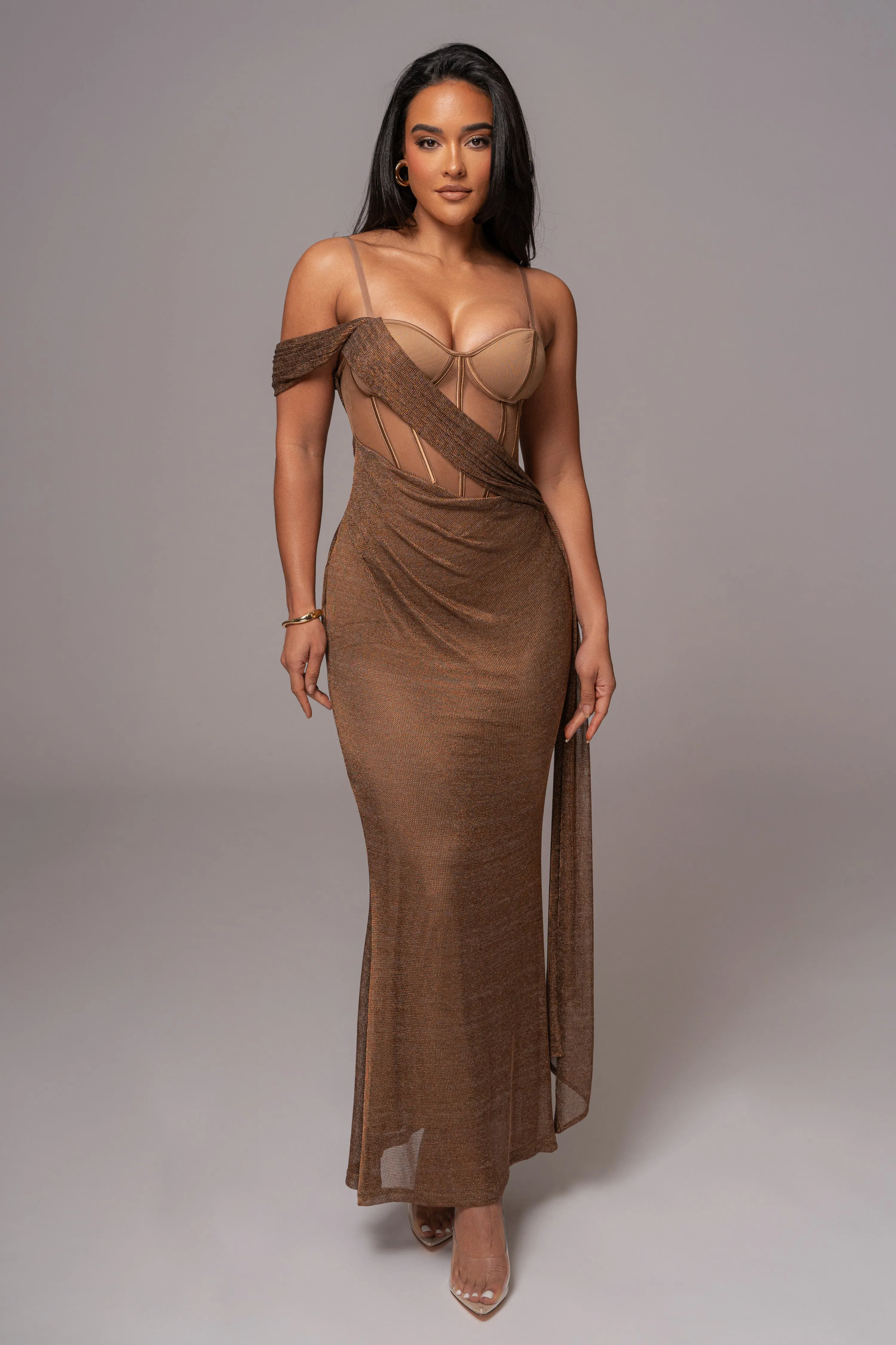 Bronze Metallic Corset Maxi Dress