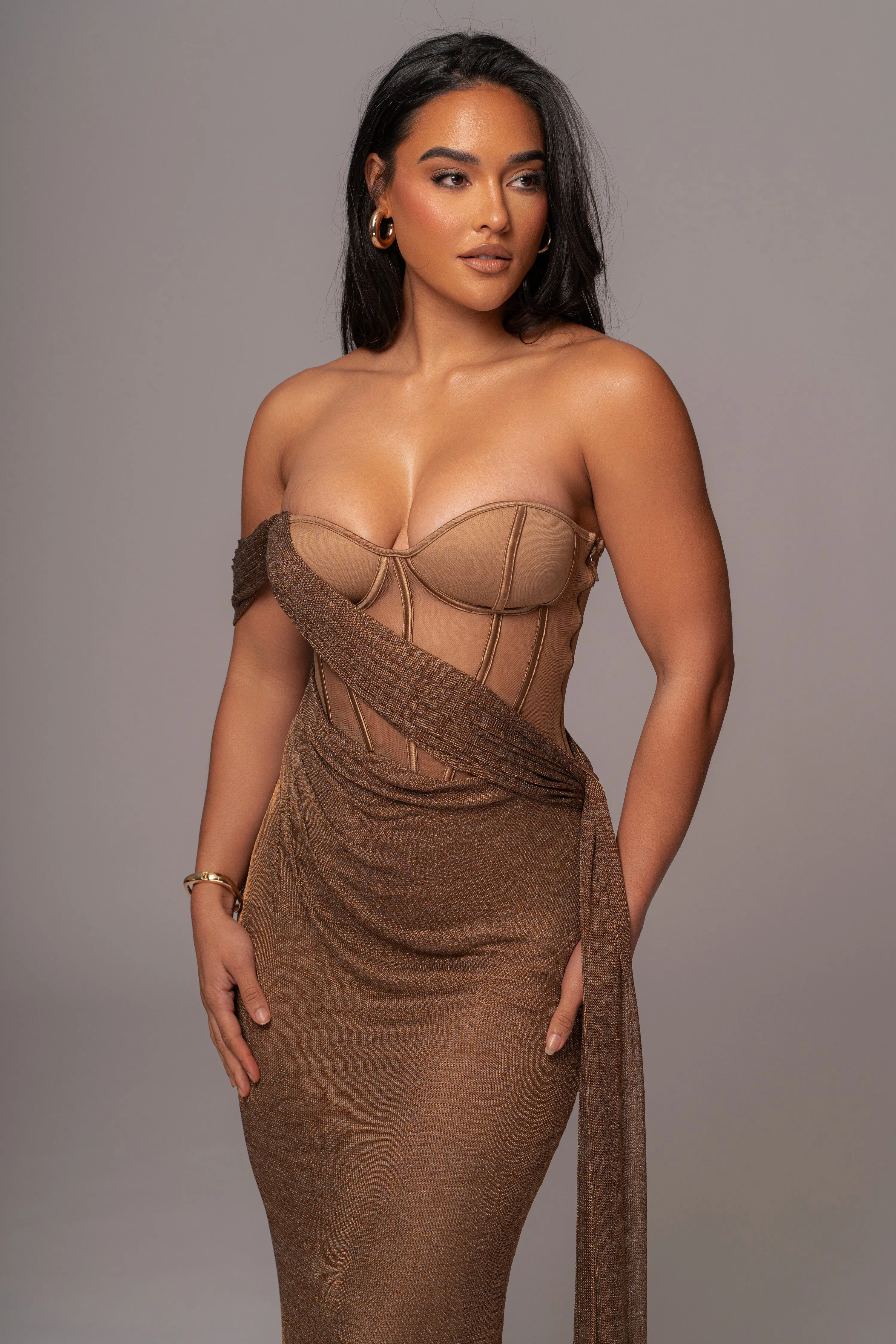 Bronze Metallic Corset Maxi Dress