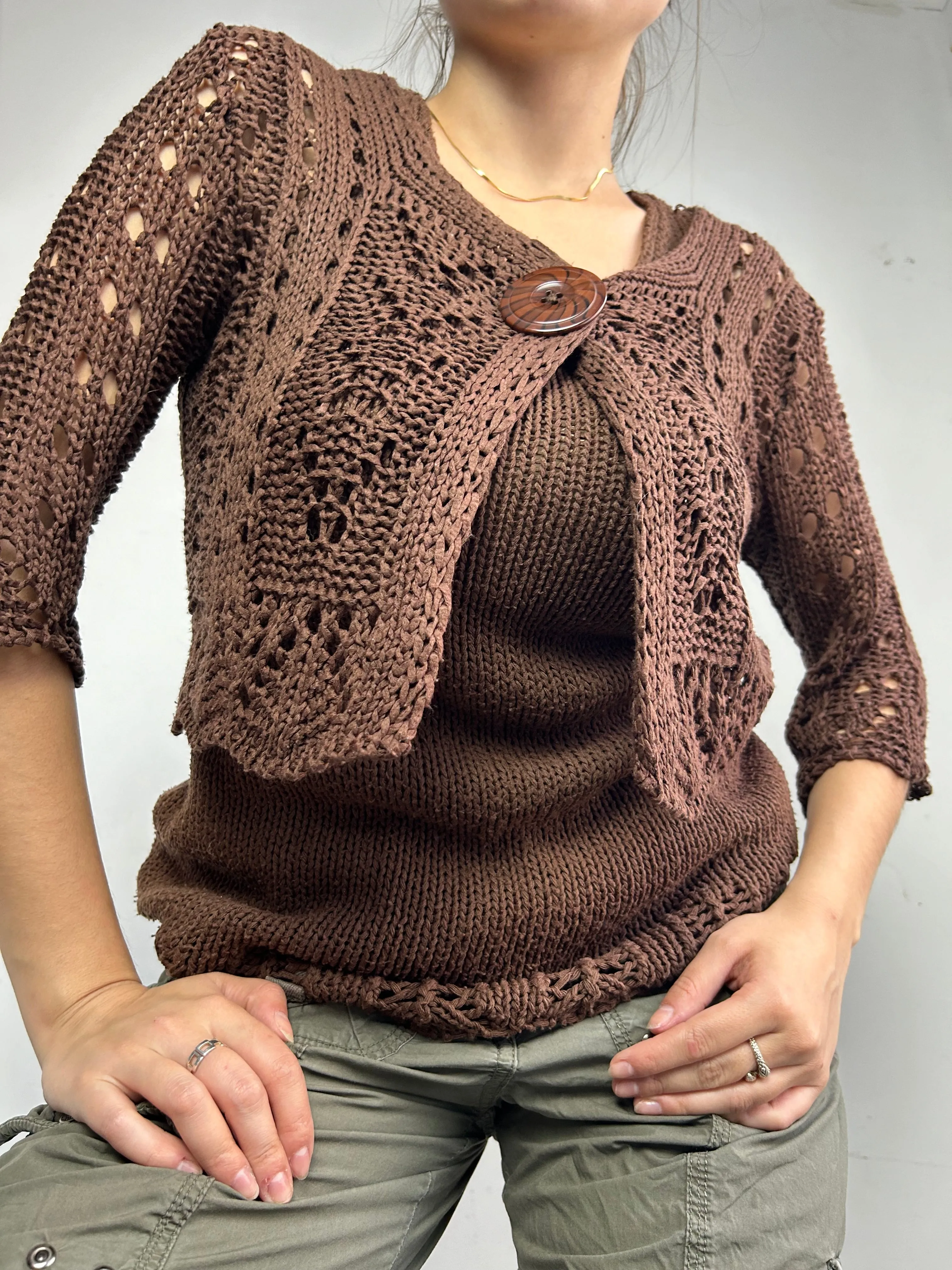 Brown crochet knitted tank top   bolero set (S/M)