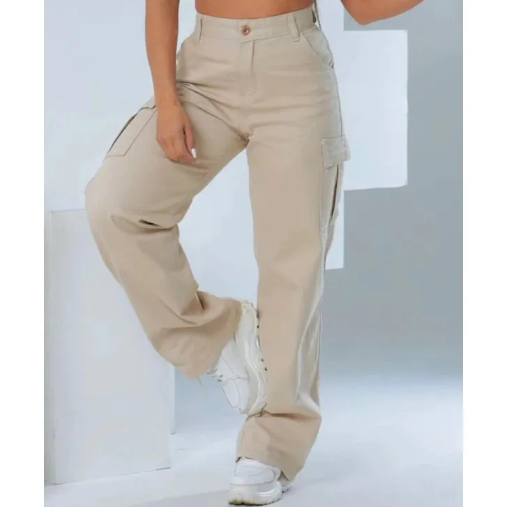 Calça Jeans Cargo Feminina Wide Leg Pantalona Blogueirinha