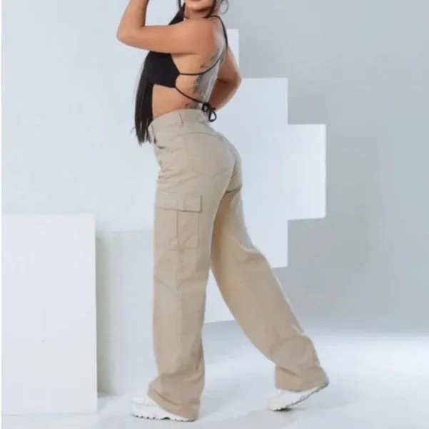 Calça Jeans Cargo Feminina Wide Leg Pantalona Blogueirinha