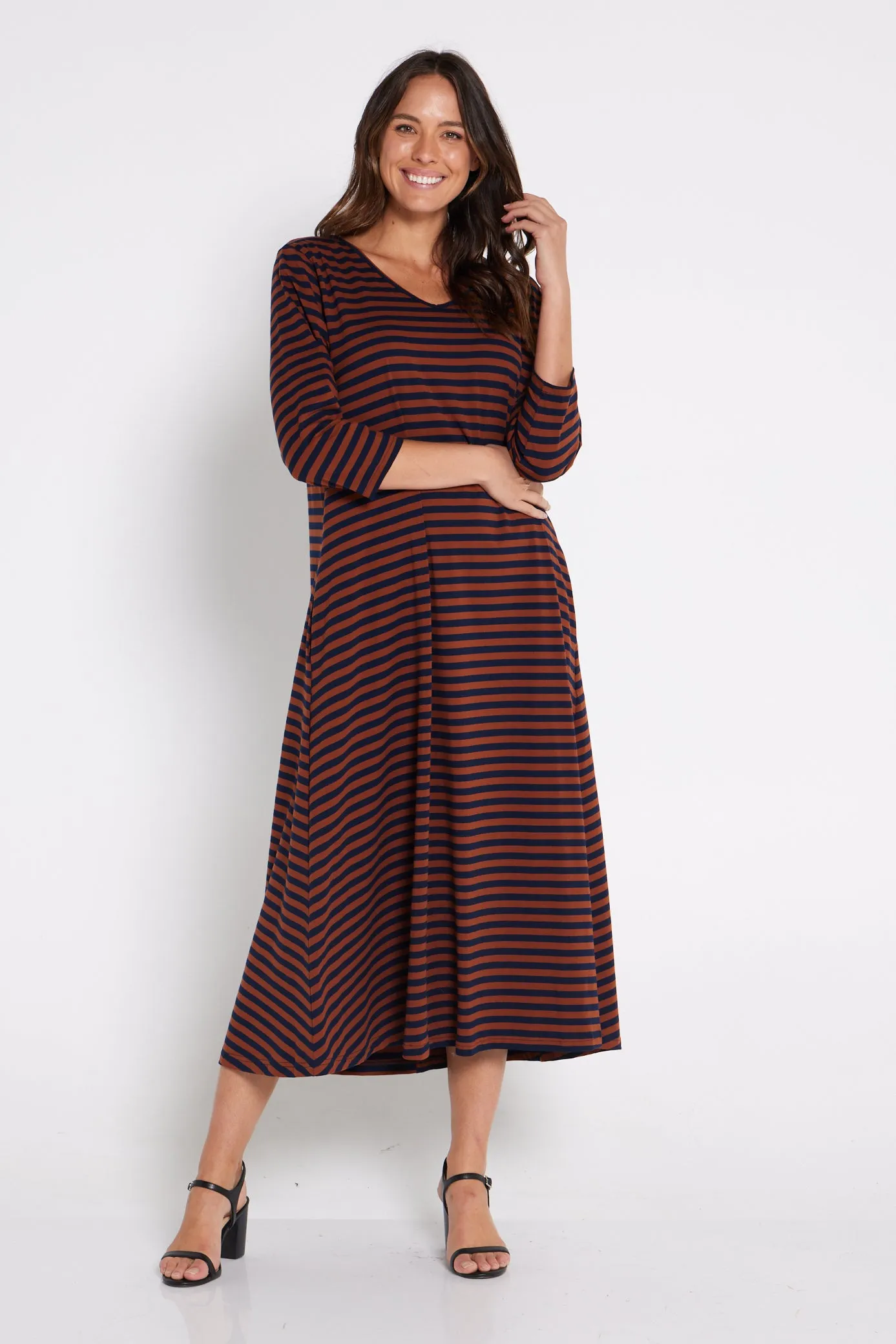 Cameron Dress - Brown/Navy Stripe