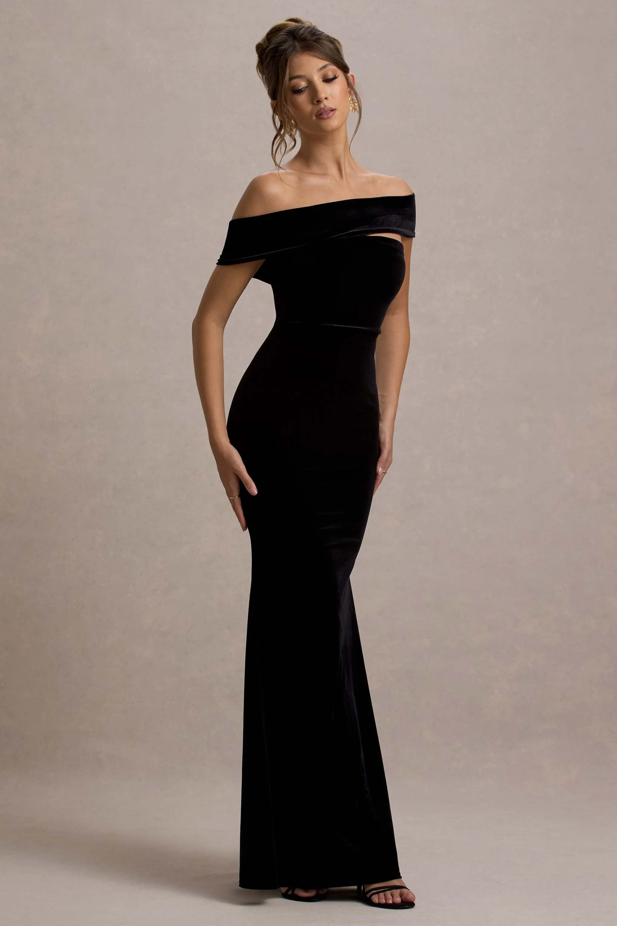 Candela | Black Velvet Asymmetric Bardot Maxi Dress