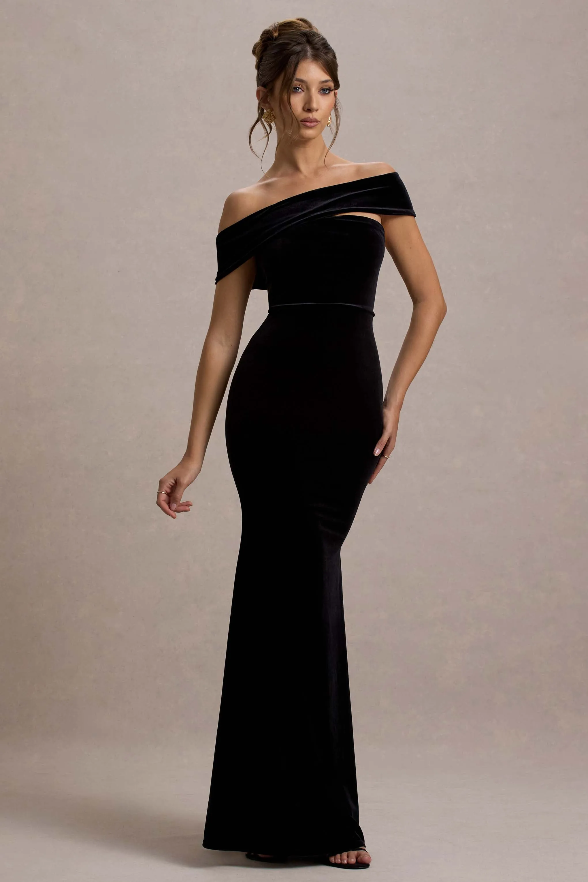 Candela | Black Velvet Asymmetric Bardot Maxi Dress