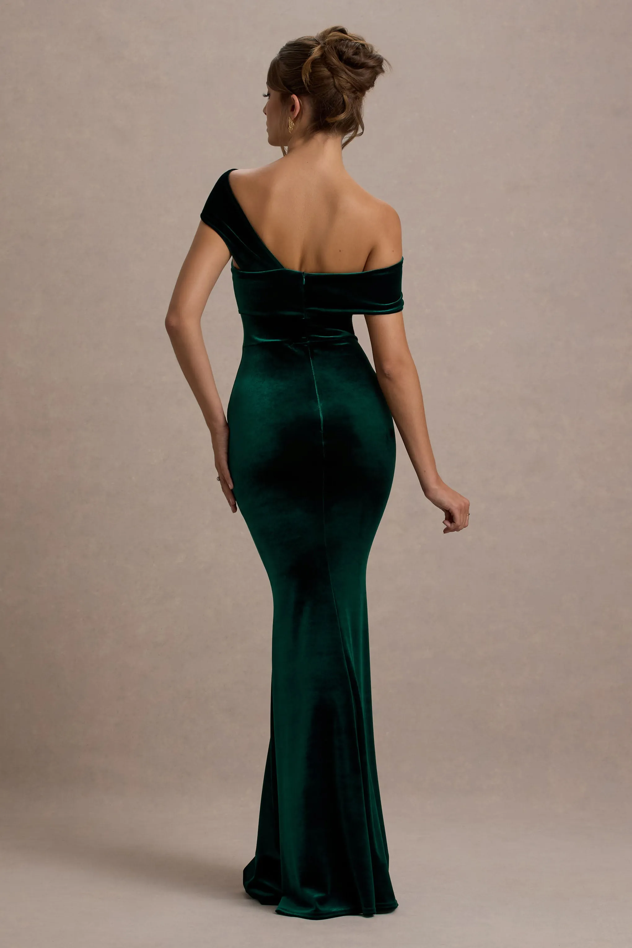 Candela | Bottle Green Velvet Asymmetric Bardot Maxi Dress