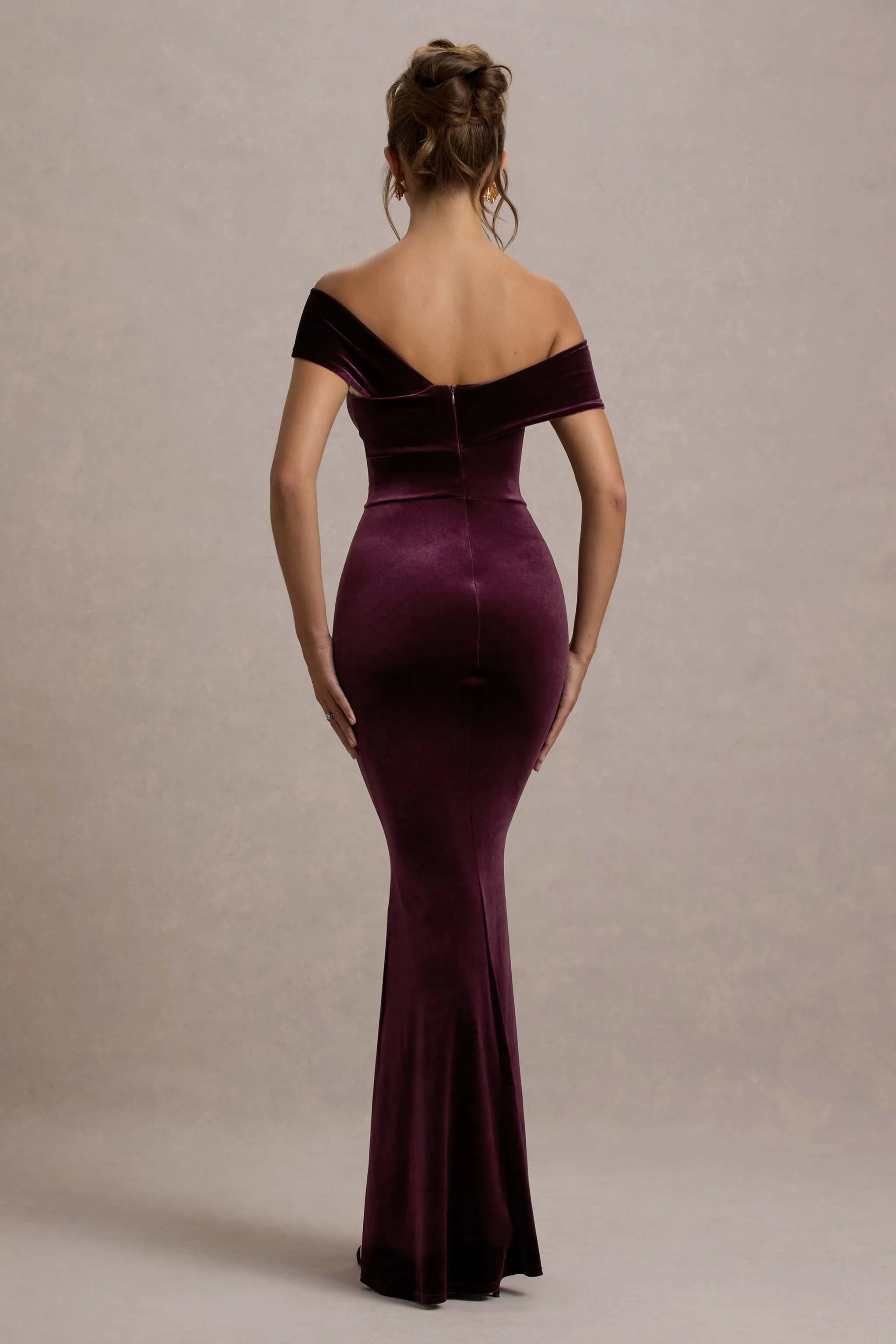 Candela | Port Velvet Asymmetric Bardot Maxi Dress