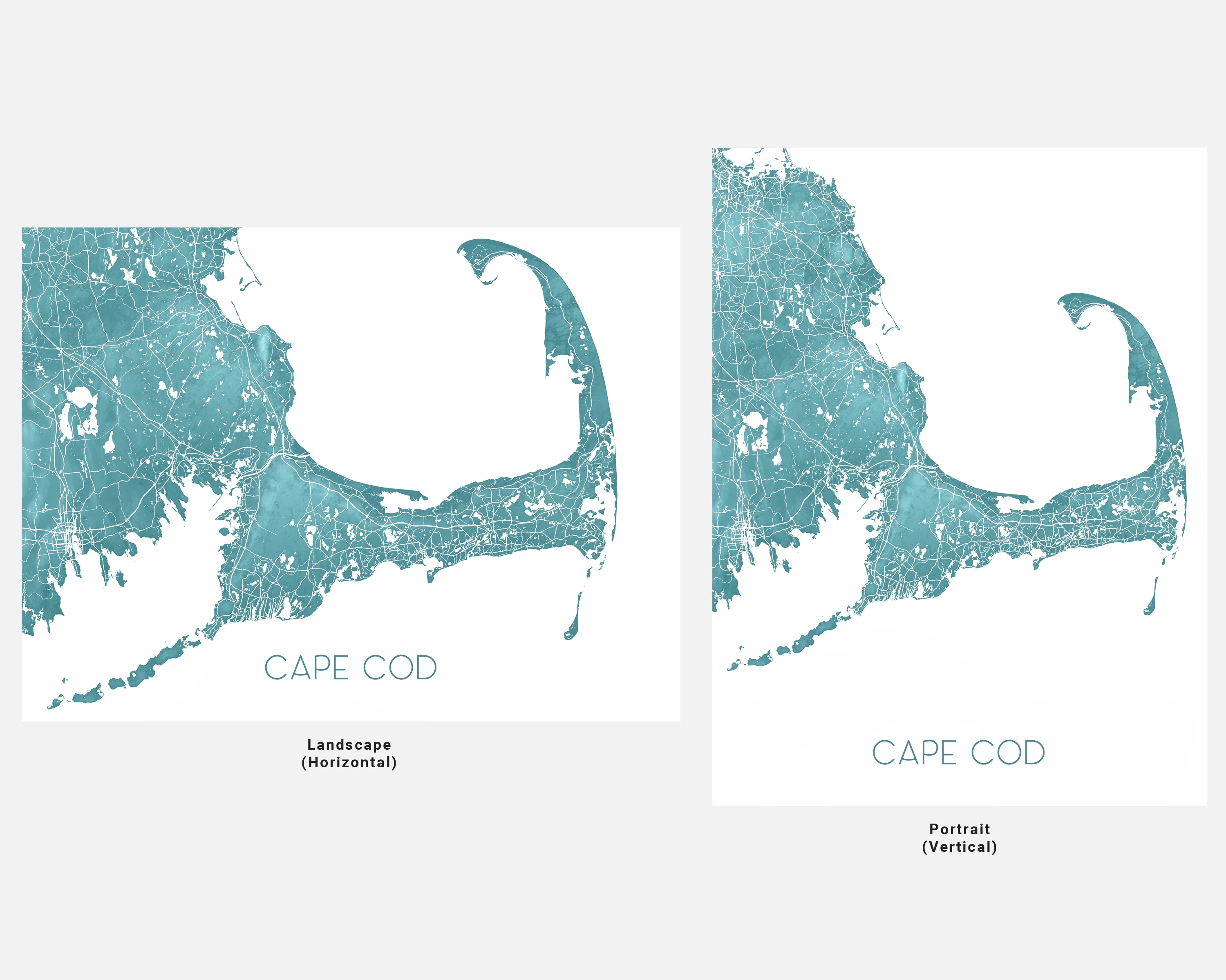 Cape Cod Map of Cape Cod Wall Art Print Poster, Turquoise Topographic Massachusetts Street Road Maps, Provincetown