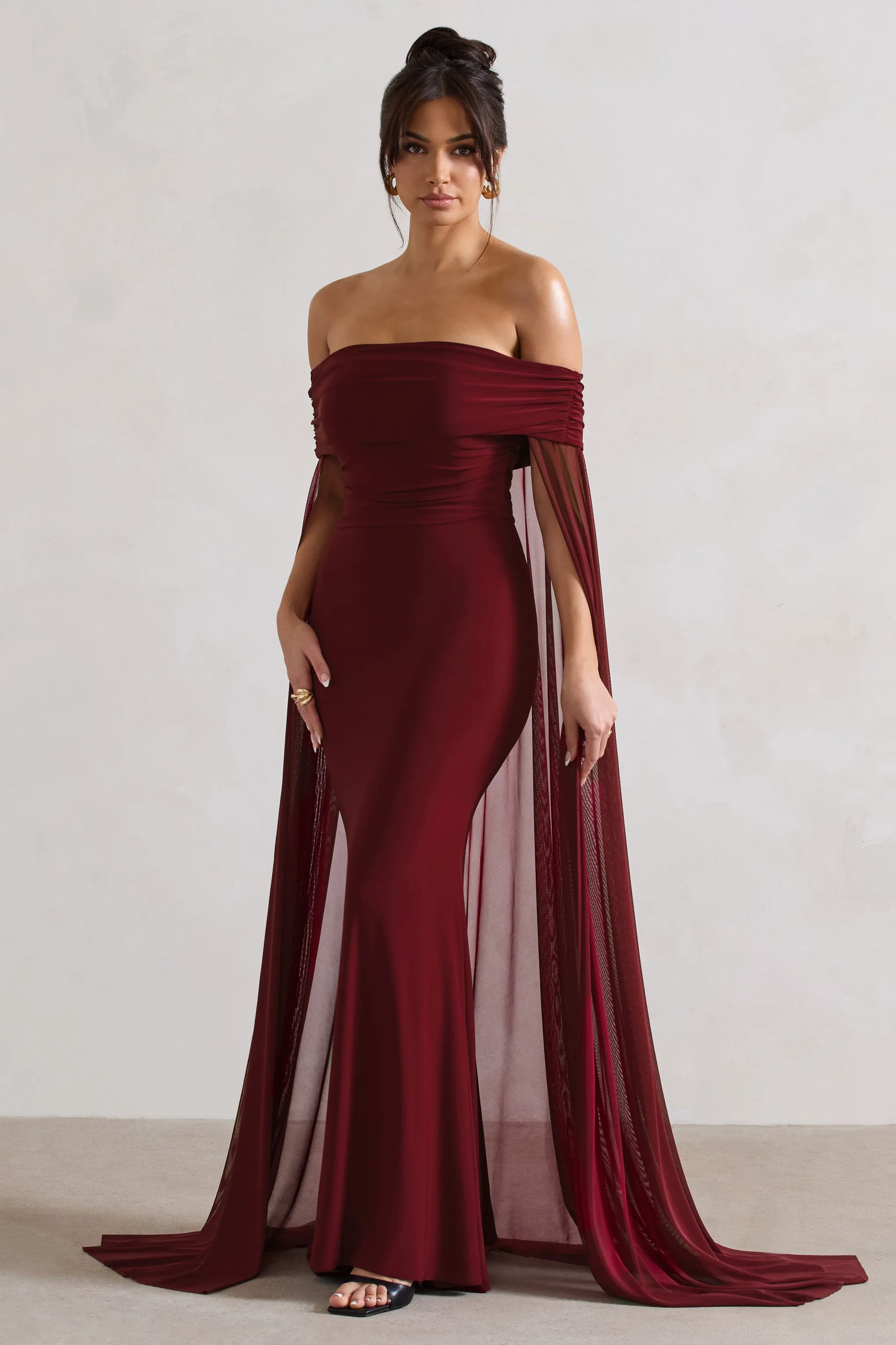 Carlotta | Berry Bardot Maxi Dress With Chiffon Cape