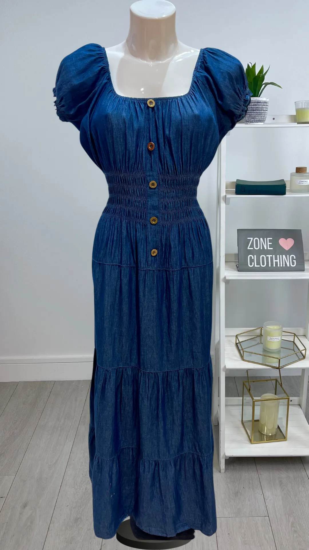 Cassie - Dark Denim Chambray Shirred Waist Maxi Dress