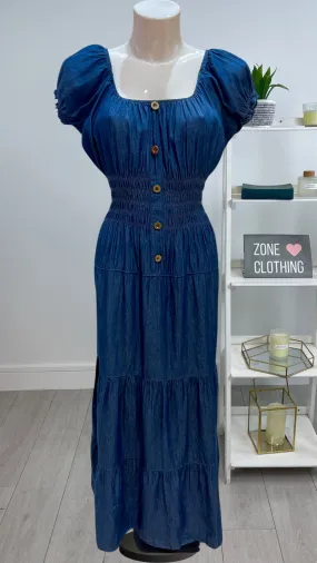 Cassie - Dark Denim Chambray Shirred Waist Maxi Dress