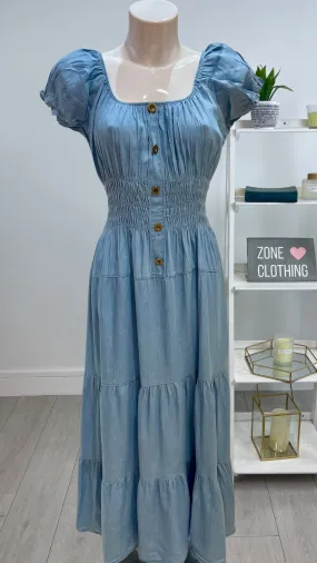 Cassie - Light Denim Chambray Shirred Waist Maxi Dress