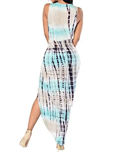 Cfanny Women's Sexy V Neck Sleeveless Tie-Dye Maxi Dress,Bluish,Small