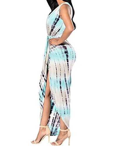 Cfanny Women's Sexy V Neck Sleeveless Tie-Dye Maxi Dress,Bluish,Small