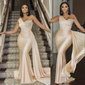 Champagne Bridesmaid Dresses One Shoulder Mermaid For Weddings Plus Size Long Crystal Beads Formal Maid of Honor Gowns Wedding Guest Wear Silk Satin