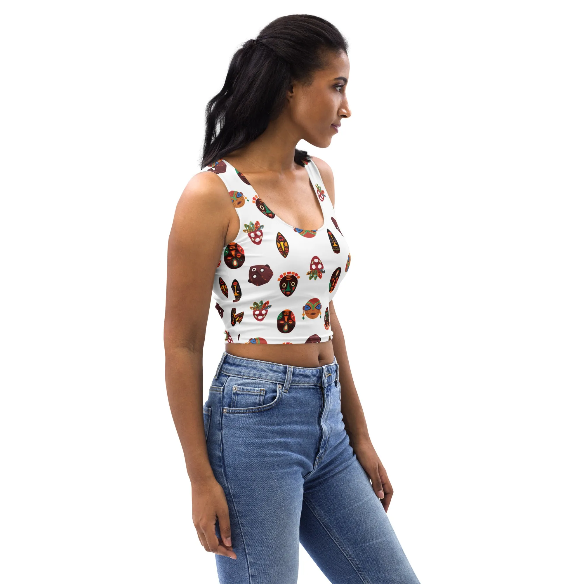 Chi Tribal Mask Multi Face Crop Tank Top