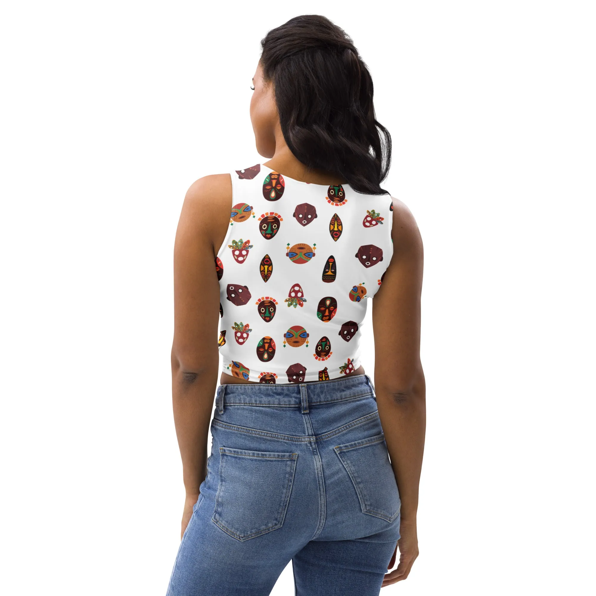 Chi Tribal Mask Multi Face Crop Tank Top