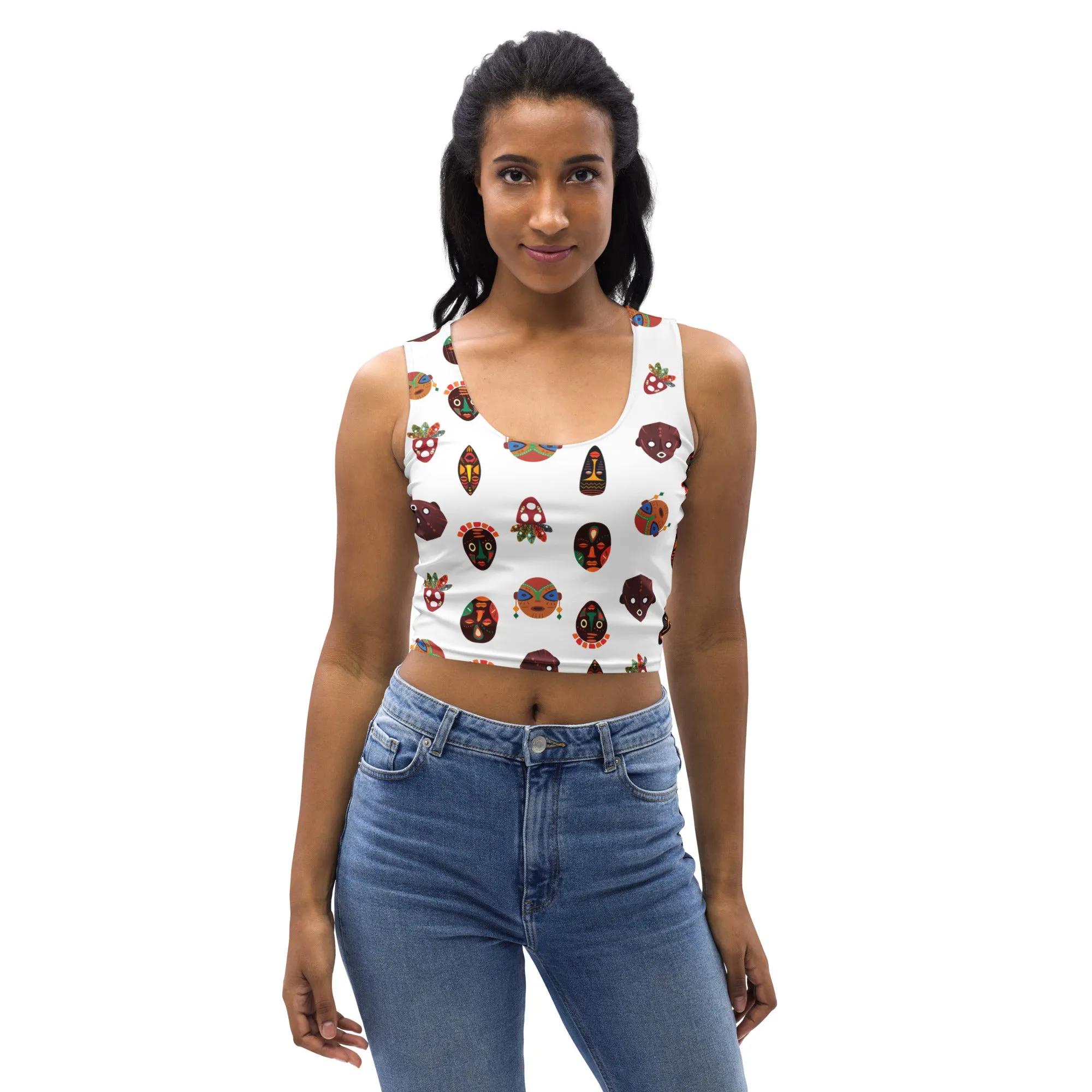 Chi Tribal Mask Multi Face Crop Tank Top