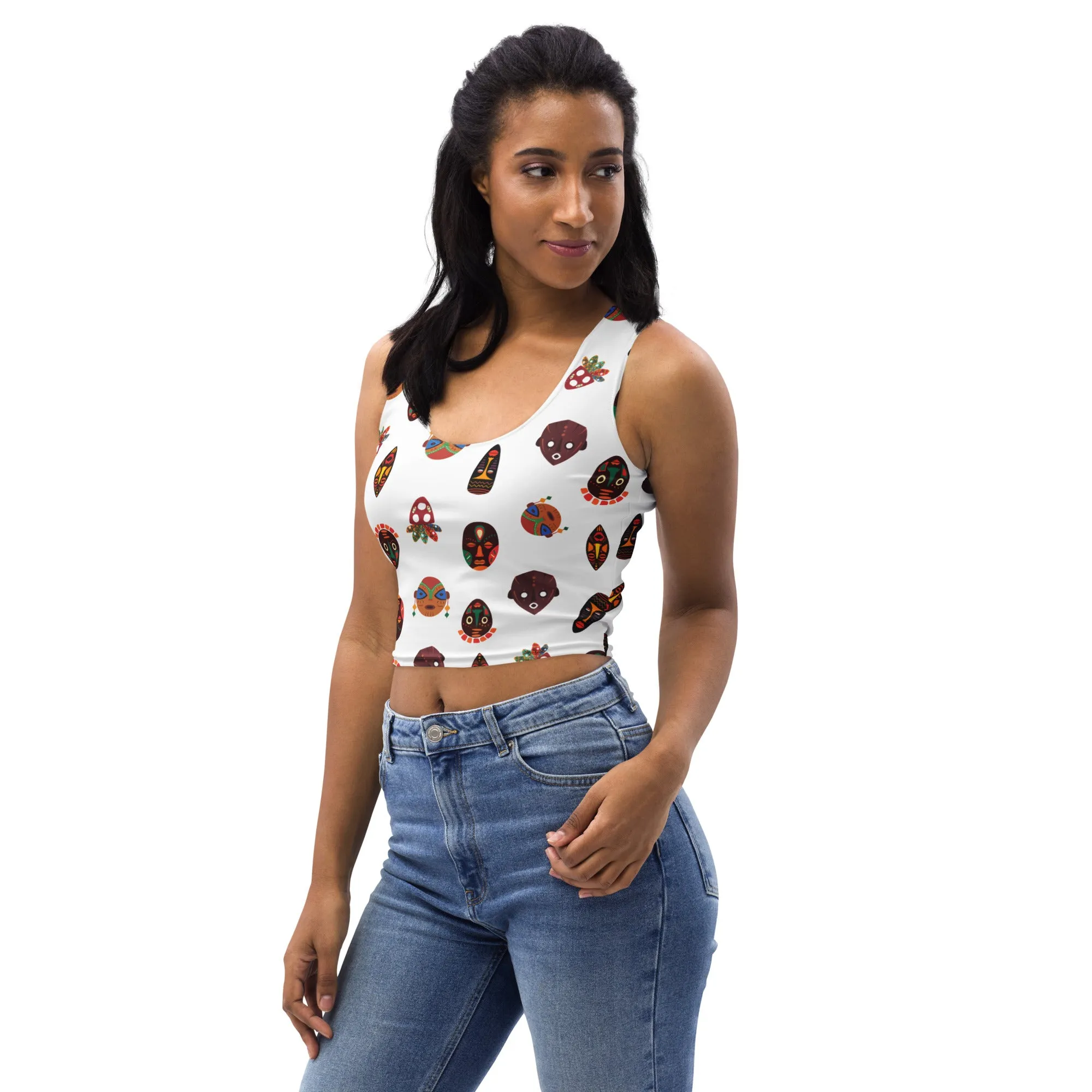 Chi Tribal Mask Multi Face Crop Tank Top