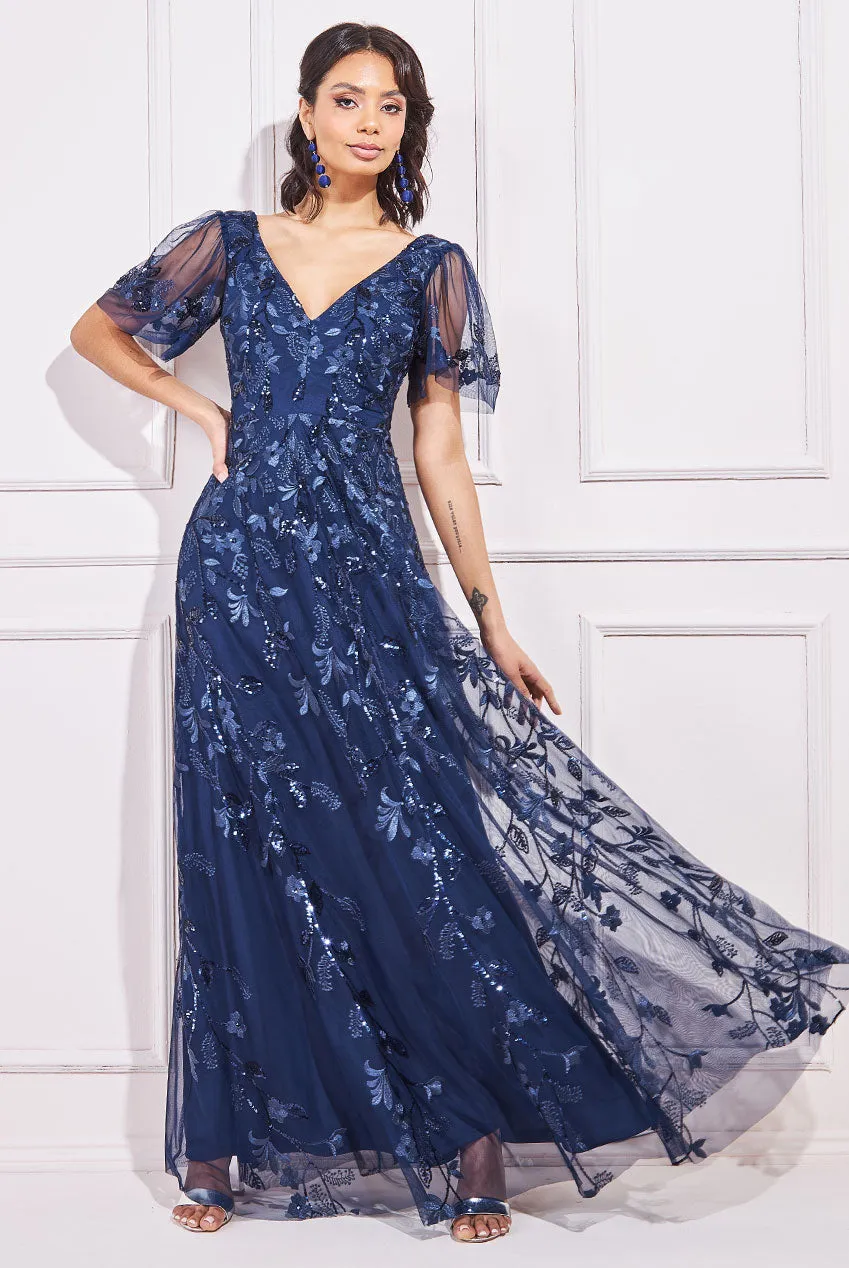 City Goddess Flared Sleeve Embroidered Maxi Dress