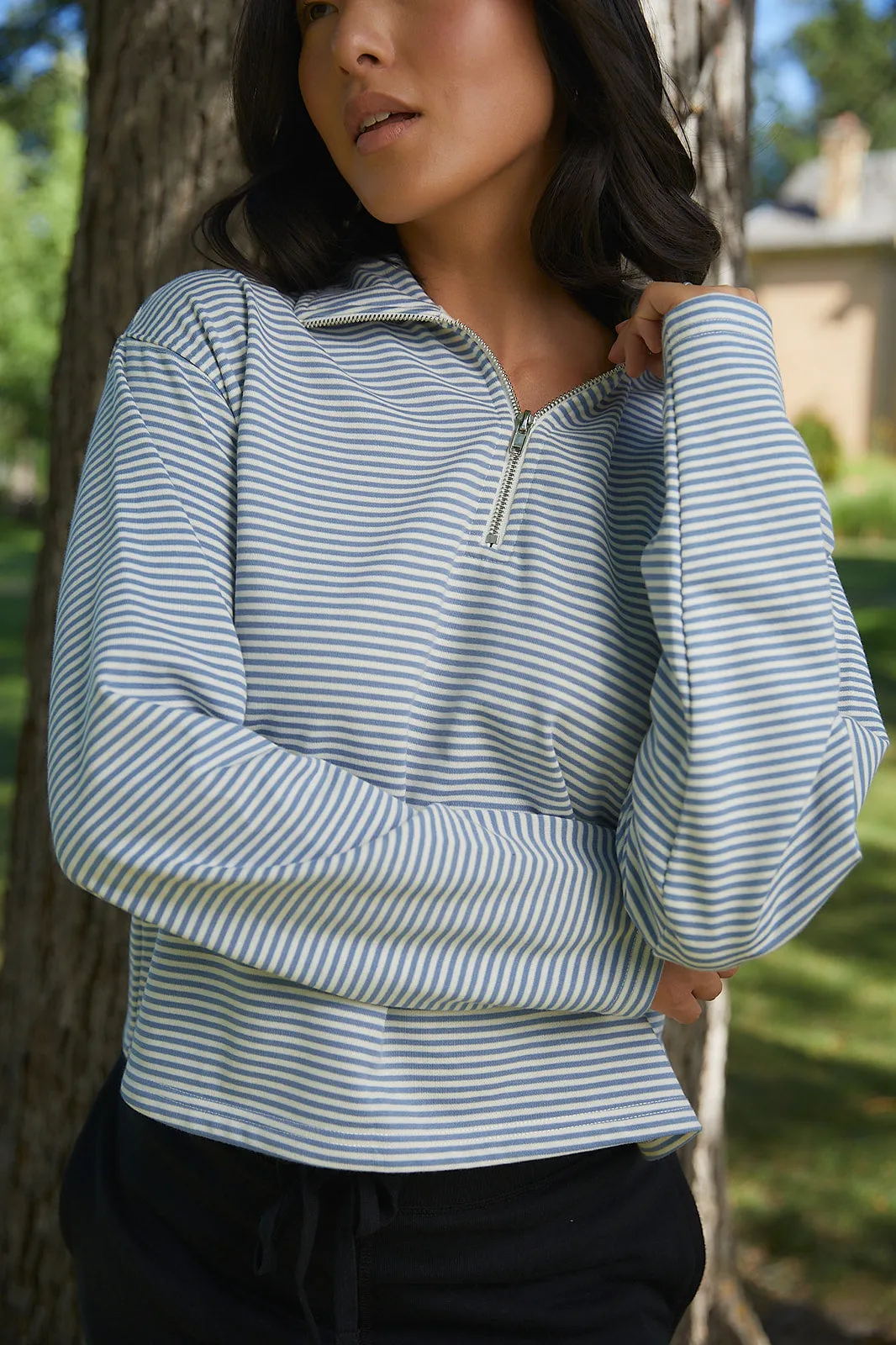 Claire Blue Striped Half Zip Sweater