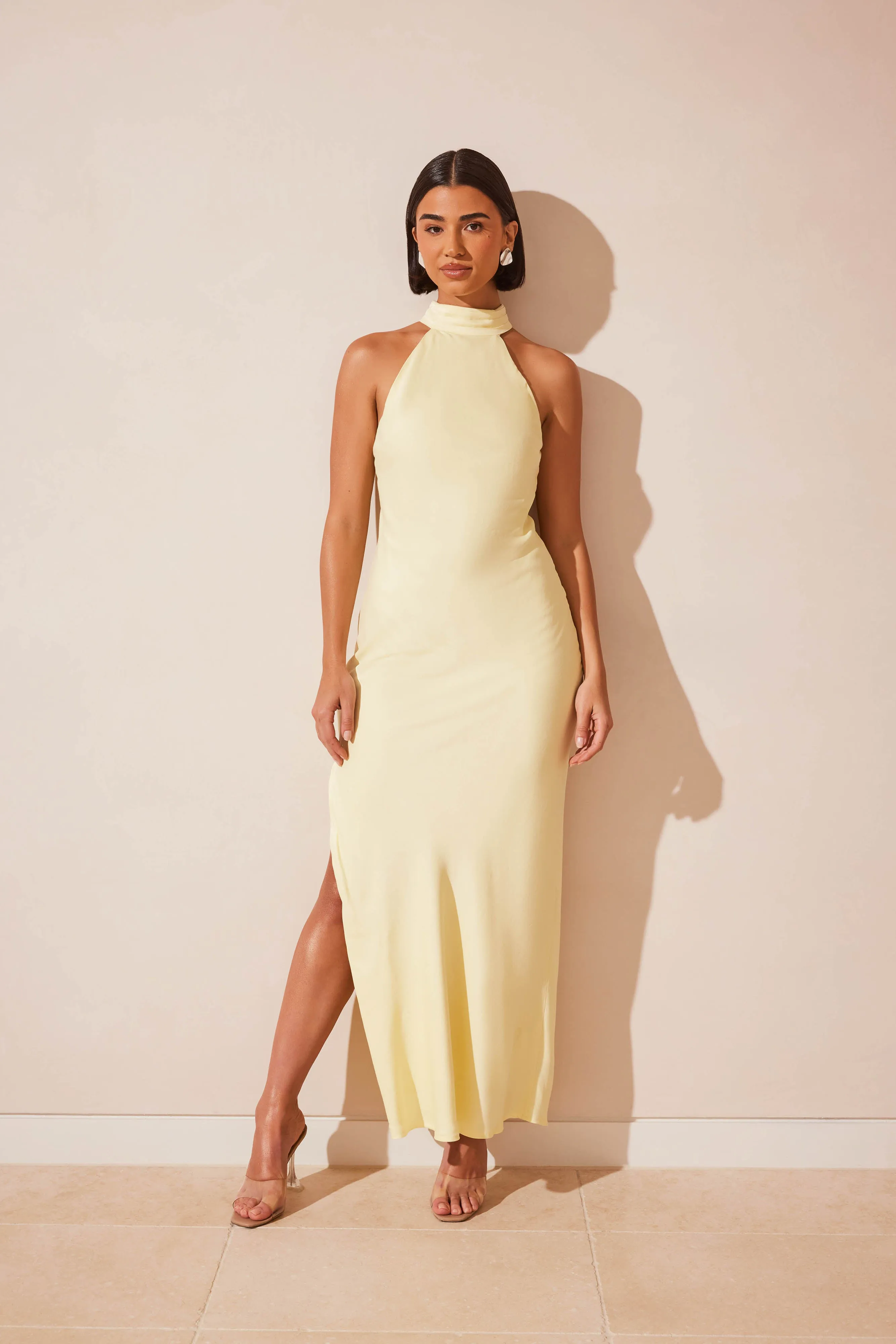 Claire Matte Satin Drape Back Maxi Dress - Light Yellow