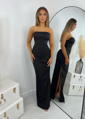 Cold Shoulder Strapless Satin Maxi Dress - Black