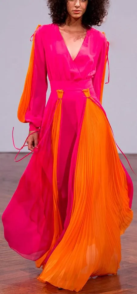 Color-Block Pleated Paneled Maxi Dress, Fuchsia Pink and Orange