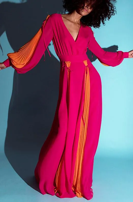 Color-Block Pleated Paneled Maxi Dress, Fuchsia Pink and Orange