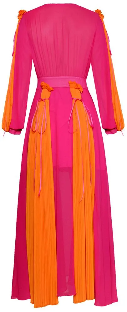 Color-Block Pleated Paneled Maxi Dress, Fuchsia Pink and Orange