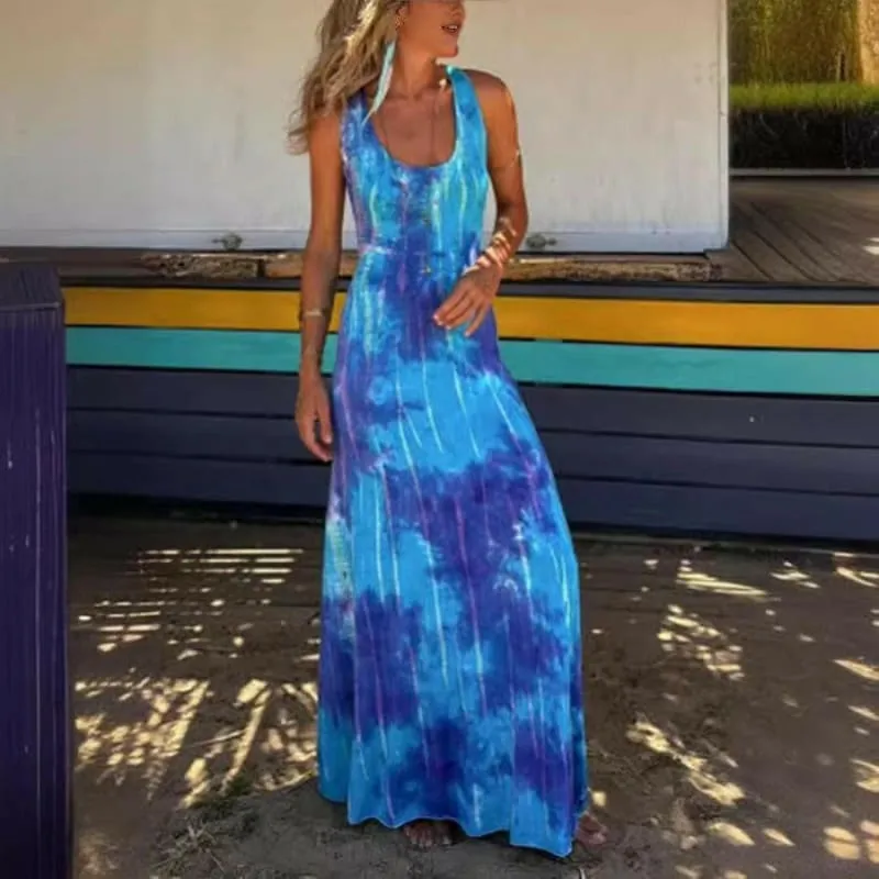 Colorful Women's Vacation Backless Long Casual Tie-dye Maxi Dress