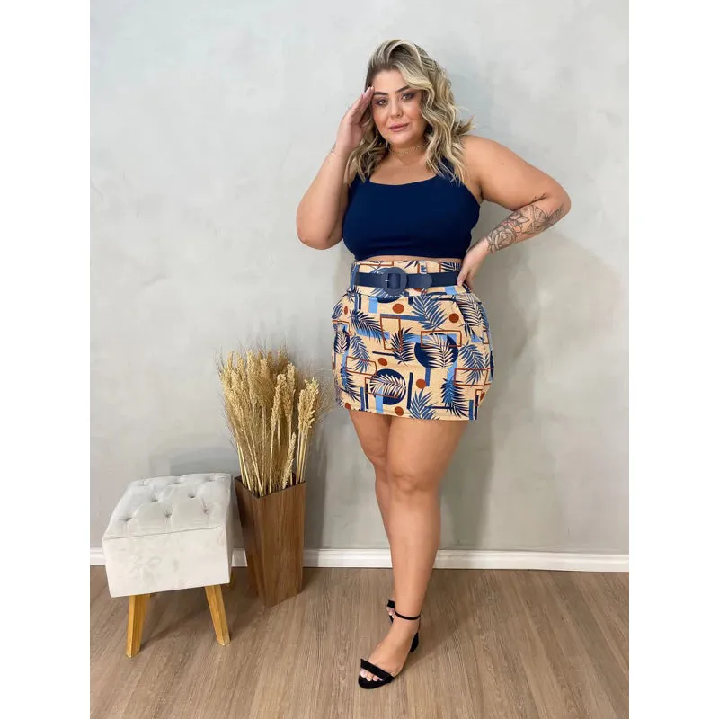 Conjunto Feminino Plus Size Blusa Cropped   Short Saia com Cinto - Conjuntinho Plus Moda Feminina.