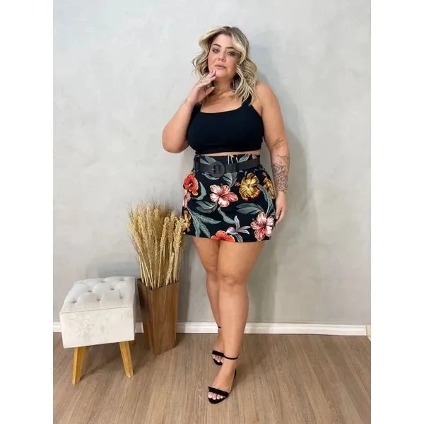 Conjunto Feminino Plus Size Blusa Cropped   Short Saia com Cinto - Conjuntinho Plus Moda Feminina.