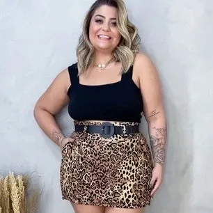 Conjunto Feminino Plus Size Blusa Cropped   Short Saia com Cinto - Conjuntinho Plus Moda Feminina.