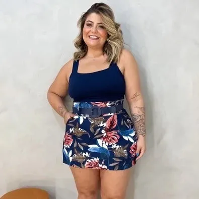 Conjunto Feminino Plus Size Blusa Cropped   Short Saia com Cinto - Conjuntinho Plus Moda Feminina.