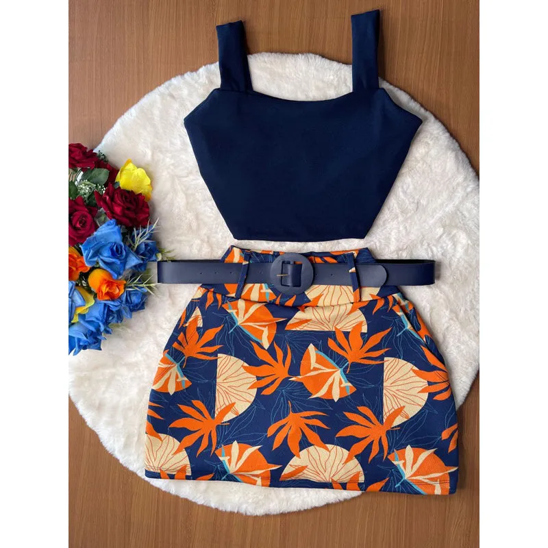 Conjunto Feminino Plus Size Blusa Cropped   Short Saia com Cinto - Conjuntinho Plus Moda Feminina.