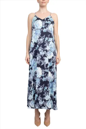 Connected Apparel V-Neck Spaghetti Strap Floral Print Satin Dress with Pockets